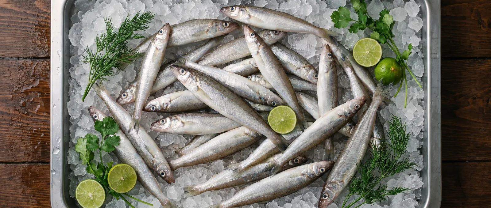 Whole fresh fish laid out on crushed ice in a steel tray with lime and herbs, straight from the morning market.